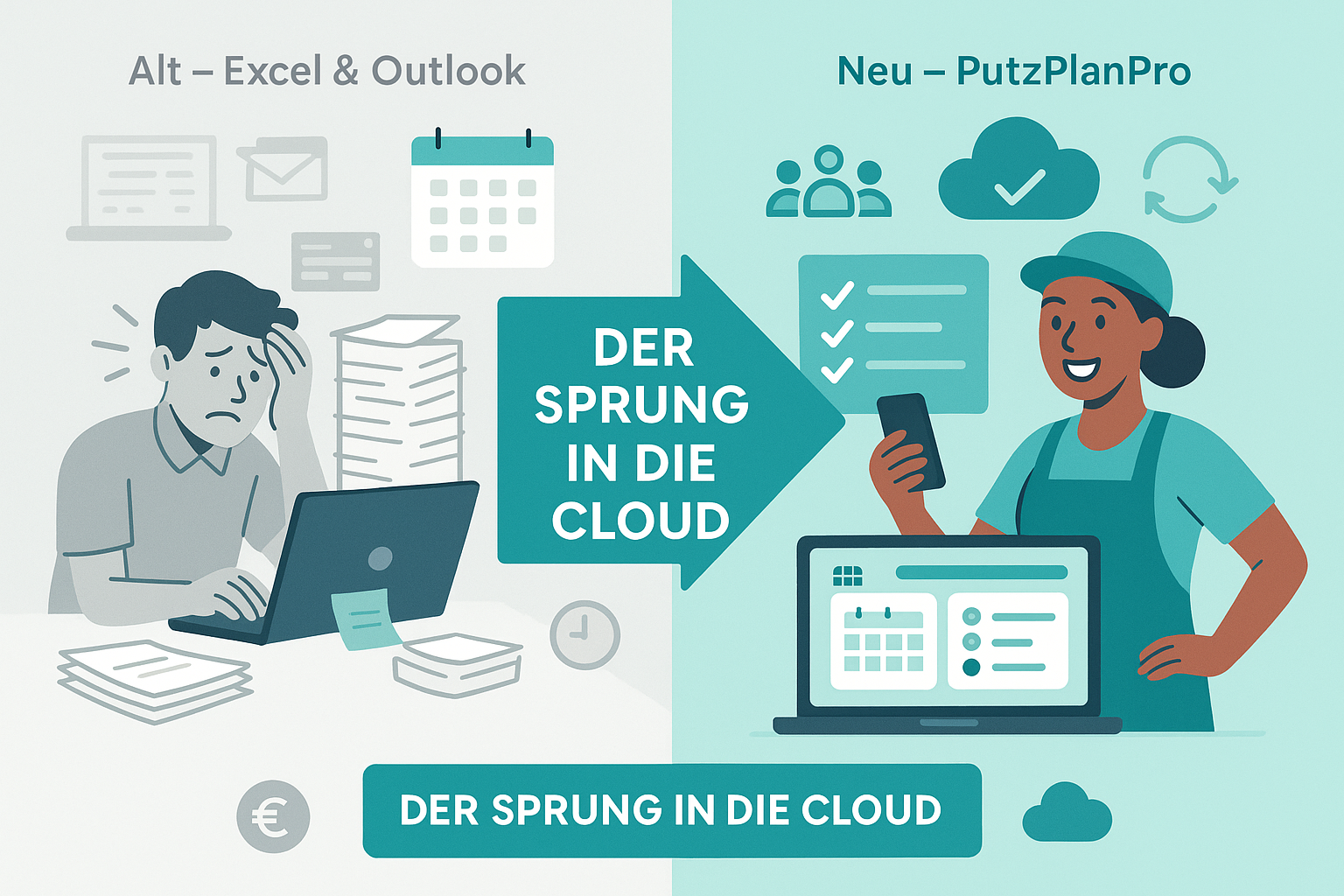 Illustration: Von Excel und Outlook zu PutzPlanPro: Warum moderne Reinigungsunternehmen auf Cloud-Software setzen