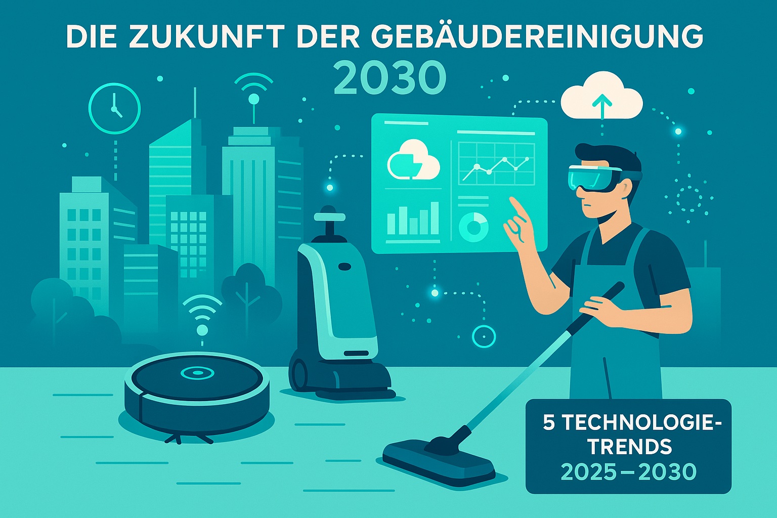 Illustration: Die Zukunft der Gebäudereinigung: 5 Technologie-Trends für 2025–2030